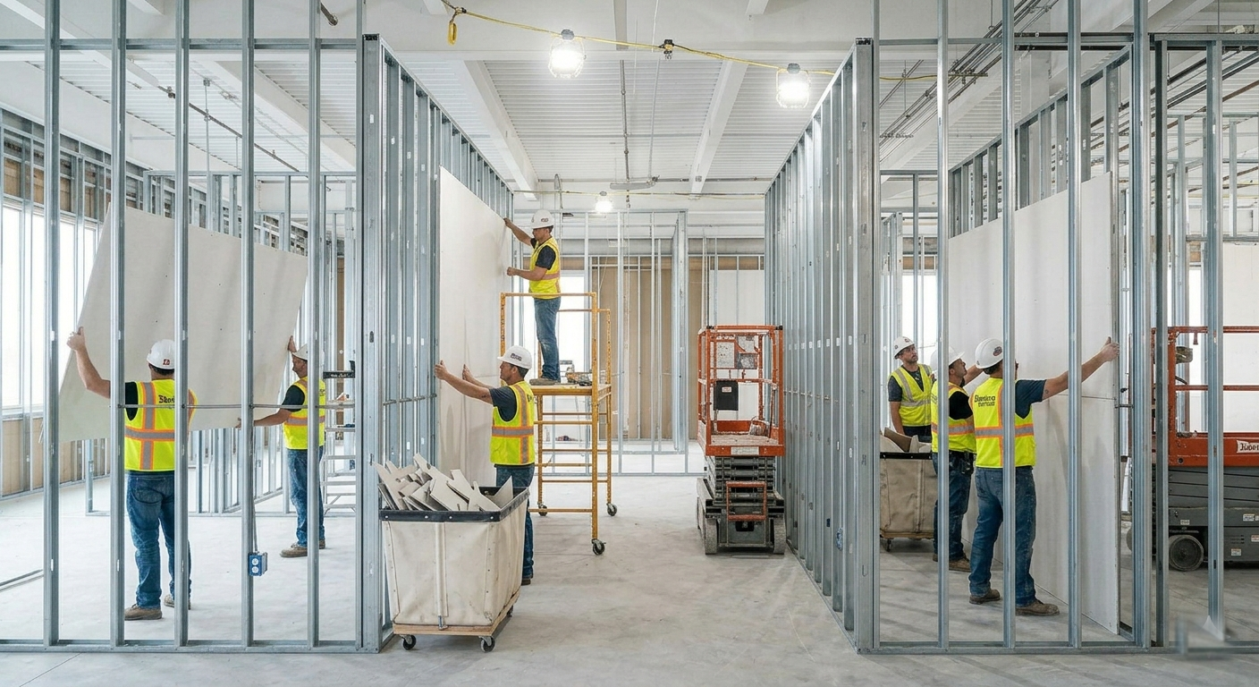 A drywall crew installing large wallboard panels inside a framed commercial interior.