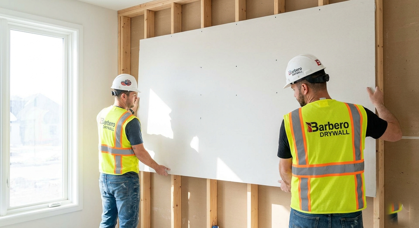 Two Barbero Drywall installers lifting a drywall sheet into place on an interior wall.