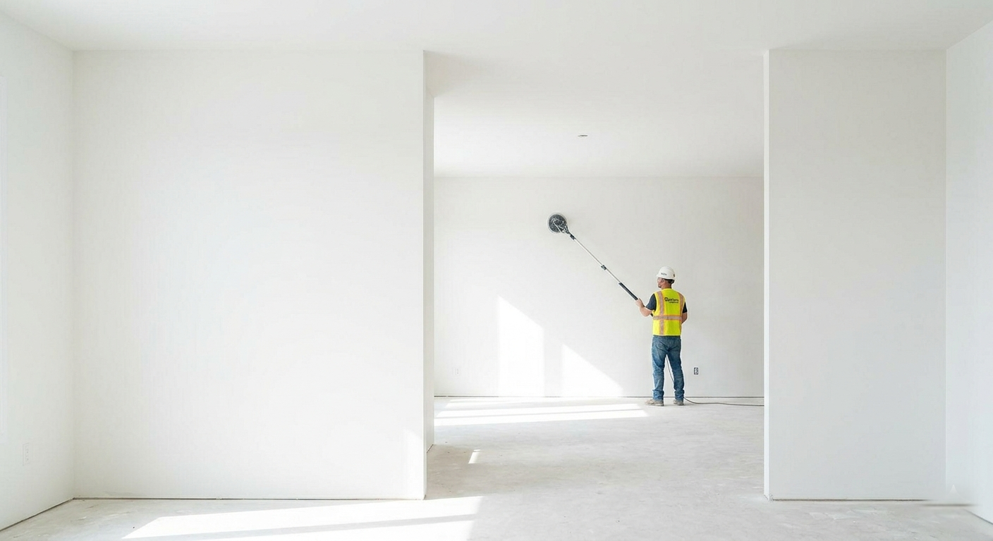 A drywall professional sanding a large white room for a smooth Level 5 finish.