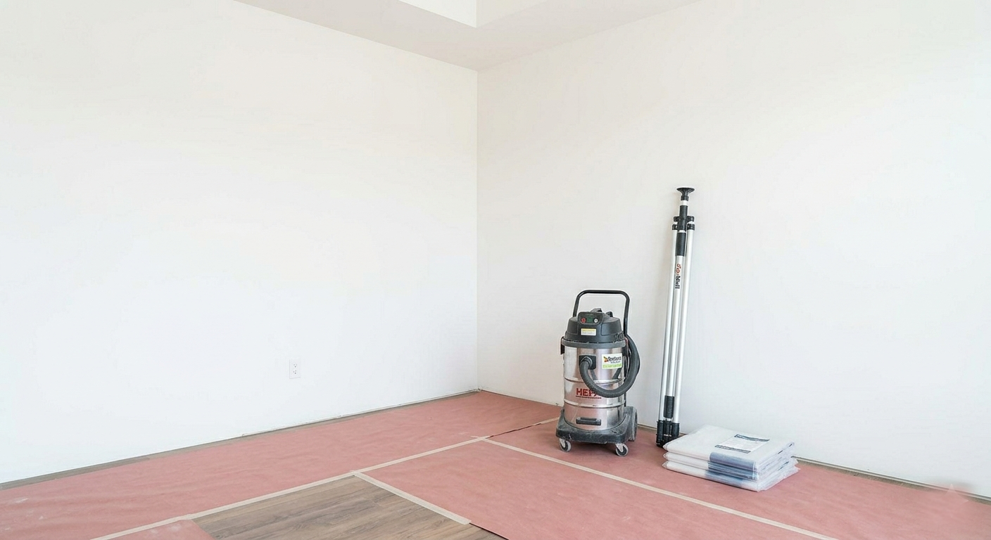 A clean finished room staged for the final painting phase with floor protection and tools.
