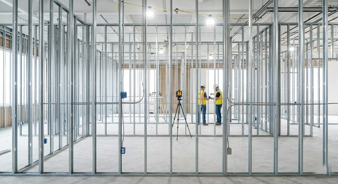 Commercial light-gauge metal stud framing laid out across an interior buildout.
