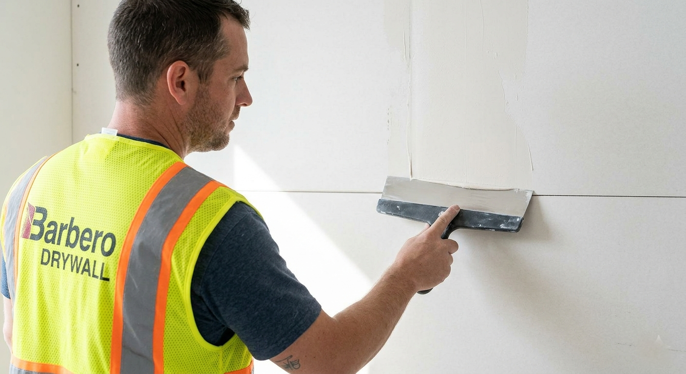 A Barbero Drywall finisher smoothing a drywall seam with a broad knife.
