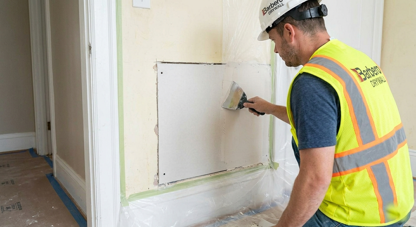 A Barbero Drywall technician patching and hand-finishing a wall repair area.